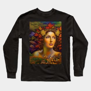 Autumnal Equinox Beautiful Woman Surrounded By Autumn Leaves Long Sleeve T-Shirt